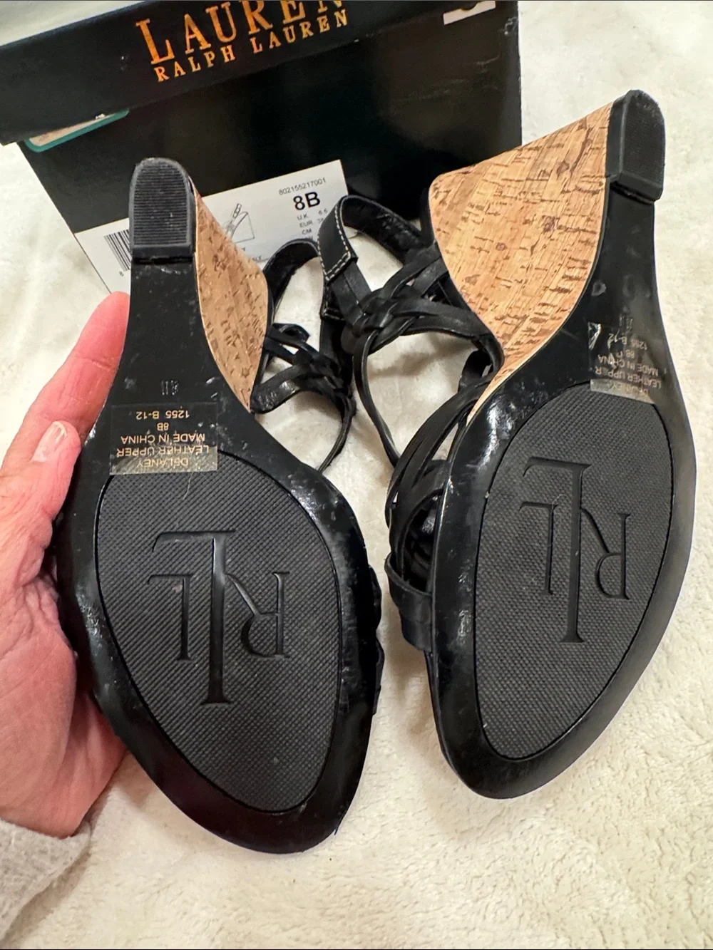 Lauren Ralph Lauren Black Braided Leather Wedge Sandals with Cork Heel